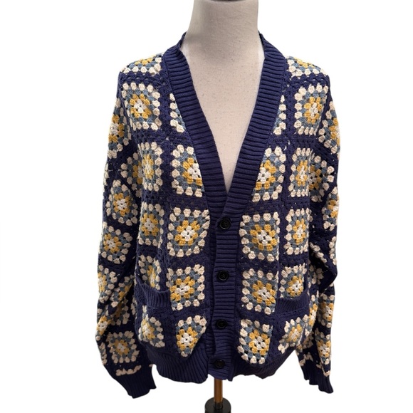 PacSun Sweaters - PacSun Estate Cardigan Crochet Granny Square V-Neck Button Down Sweater Navy